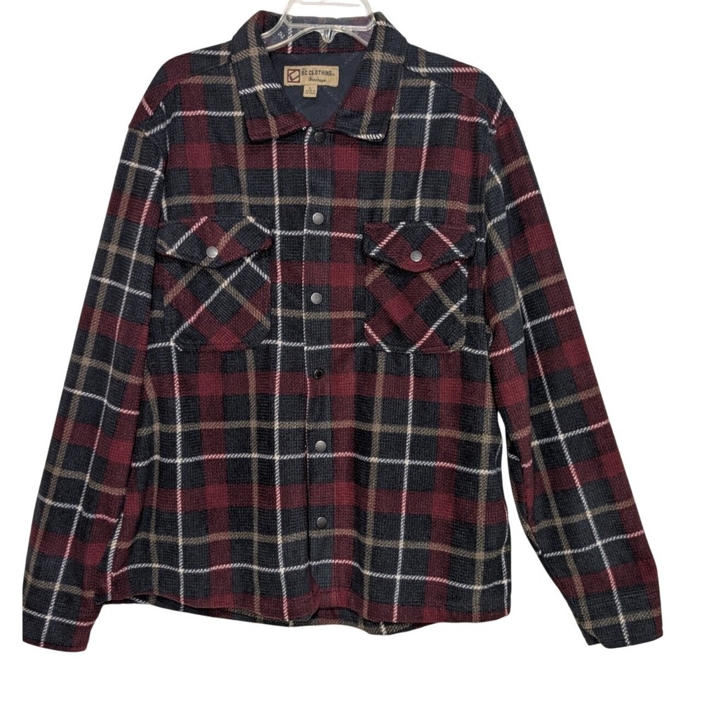 BC Clothing Co Heritage Mens L Red Plaid Fleece Snap Button Down Shirt Outdoor